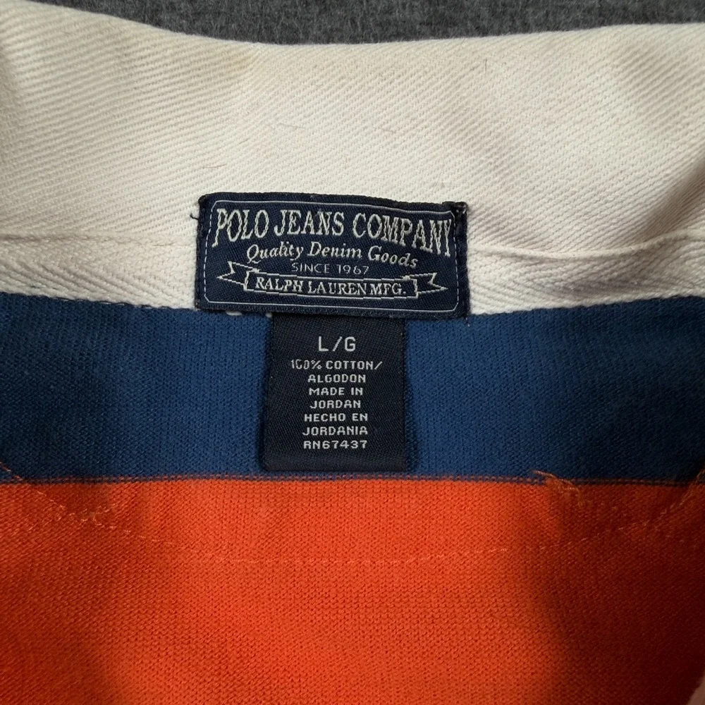 VTG Ralph Lauren Polo Jeans Co Rugby Shirt Mens Large Orange Navy Stripe 90s Y2K